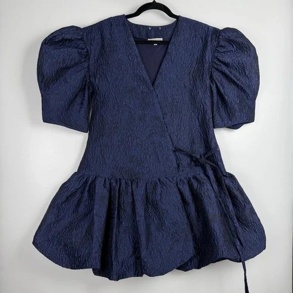 Moon River Women's Navy Blue Puff Sleeve Bubble Hem Mini Dress XS Romantic Chic - Picture 2 of 9